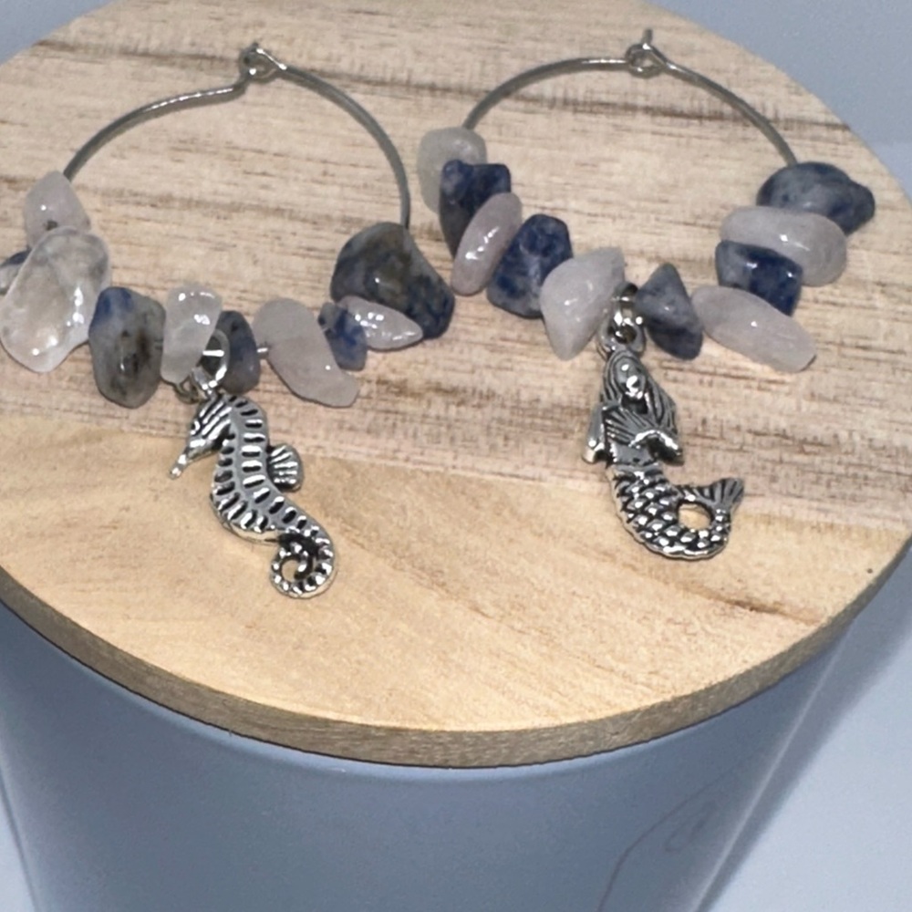 Silver Seahorse and Mermaid Charm Hoop Earrings